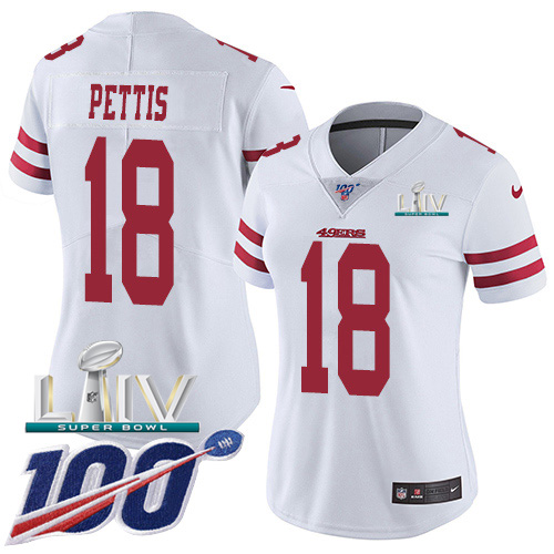 San Francisco 49ers Nike #18 Dante Pettis White Super Bowl LIV 2020 Women Stitched NFL 100th Season Vapor Limited Jersey